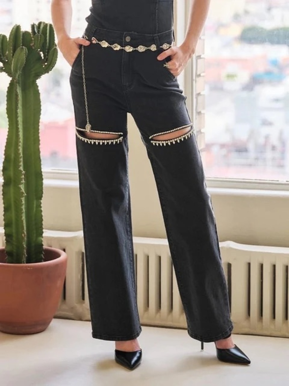 Blue B Black Rhinestone Cut Out Wide Leg Jeans Size L